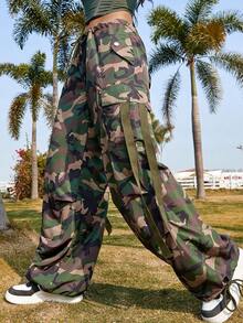 Y2K街头风纯色抽绳腰带翻盖口袋装饰宽松休闲阔腿降落伞工装裤 - 彩色 - 查看 5