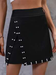 SHEIN Clasi Quần đùi nữ Bất đối xứng Ngọc trai màu trơn Giải trí - màu đen - Xem 3