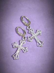 ROMWE Goth 1雙時尚鋅合金水鑽裝飾十字架吊墜耳環適合女士日常裝飾 - 銀色 - 查看 2