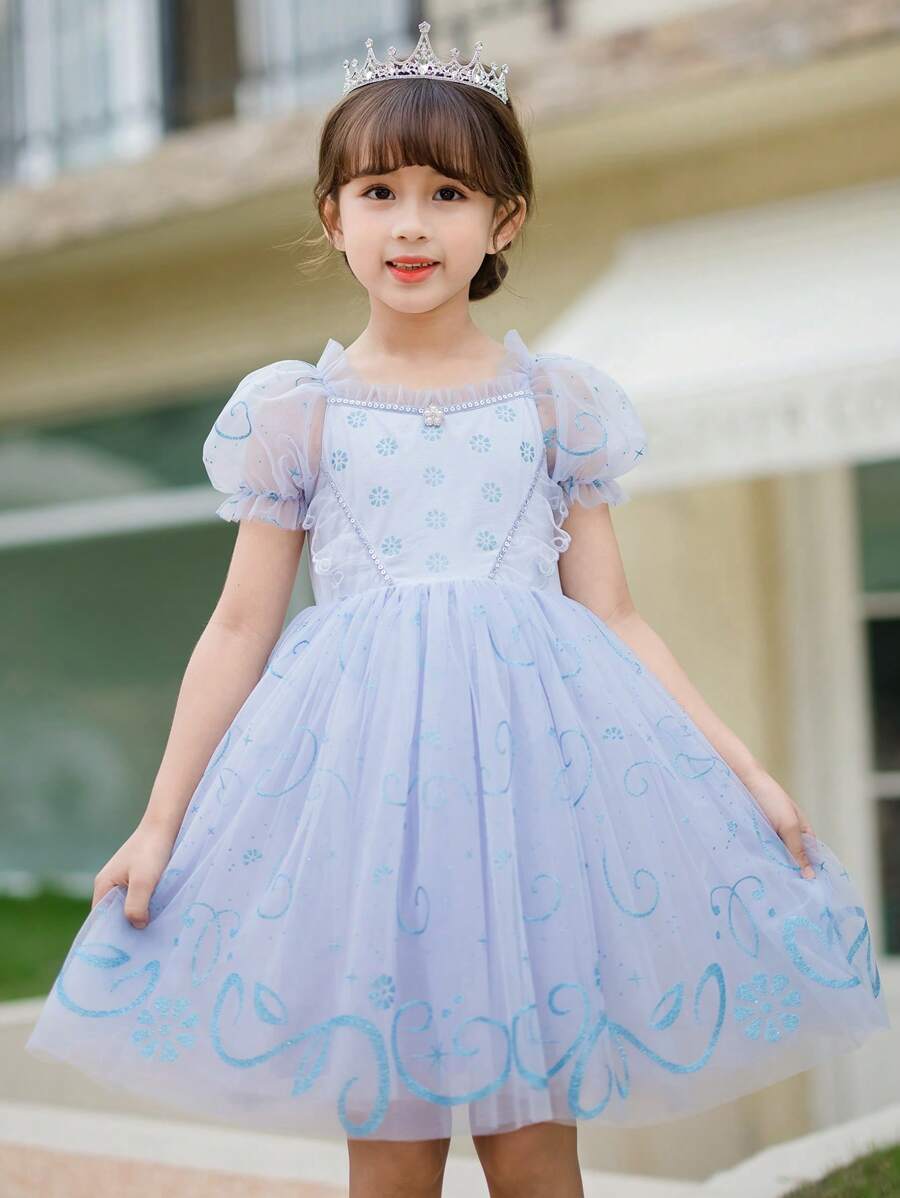 Cô Gái Trẻ Viền Ruffle Ống tay áo Lớp phủ lưới Đầm Party - Màu tím - Xem 1