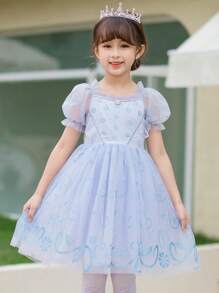 Cô Gái Trẻ Viền Ruffle Ống tay áo Lớp phủ lưới Đầm Party - Màu tím - Xem 3