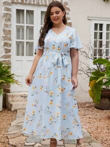 Plus Floral Print Belted Dress - Baby Blue - View 1