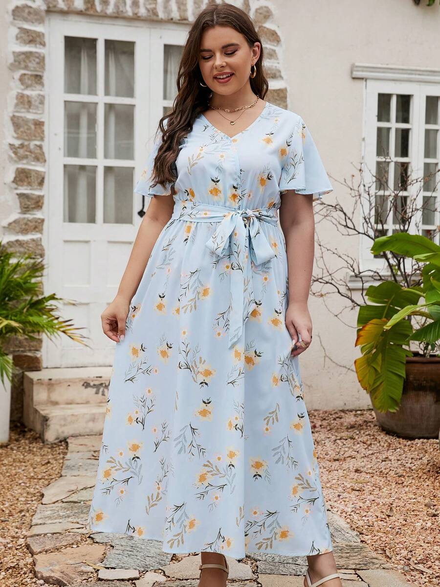 Plus Floral Print Belted Dress - Baby Blue - View 1