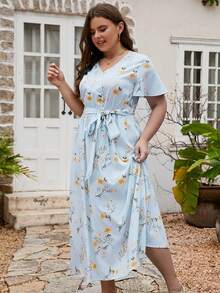 Plus Floral Print Belted Dress - Baby Blue - View 3