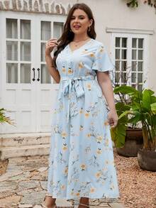 Plus Floral Print Belted Dress - Baby Blue - View 4