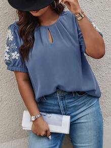 Calvaya Plus Floral Embroidery Keyhole Neckline Puff Sleeve Blouse