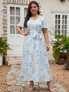 Plus Floral Print Belted Dress - Baby Blue - View 5