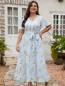 Plus Floral Print Belted Dress - Baby Blue - View 6