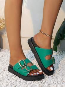 女性搭扣裝飾時尚綠色厚底涼拖適合夏天 - 綠色 - 查看 3
