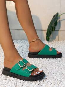 女性搭扣裝飾時尚綠色厚底涼拖適合夏天 - 綠色 - 查看 4