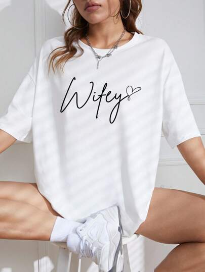 INAWLY Letter Graphic Drop Shoulder Tee Grafiska Tees Dam Toppar