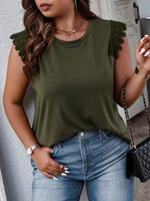 SHEIN LUNE Áo hai dây Plus Size Tương phản ren màu trơn Giải trí - xanh quân đội - Xem 3