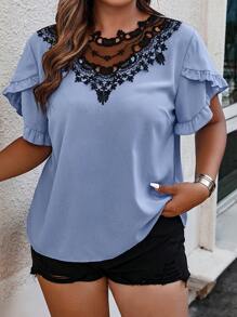 SHEIN Clasi 大碼蕾絲拼接荷葉邊花瓣袖襯衫 - 藍色 - 查看 3