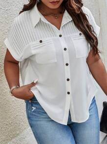 SHEIN LUNE 大碼蝙蝠袖口袋貼布襯衫 - 白色 - 查看 4