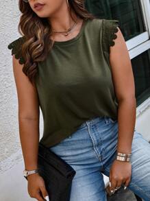 SHEIN LUNE Áo hai dây Plus Size Tương phản ren màu trơn Giải trí - xanh quân đội - Xem 5