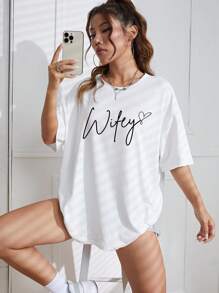 INAWLY Letter Graphic Drop Shoulder Tee Graphic Tees Women Tops - White - View 5