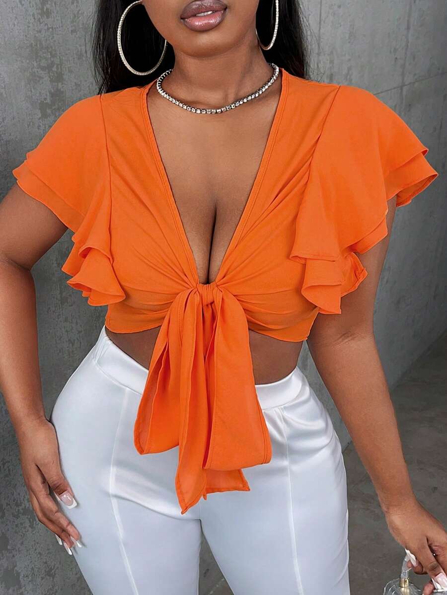 Slaydiva 大碼蝴蝶袖前打結短款上衣 - 橘色 - 查看 1
