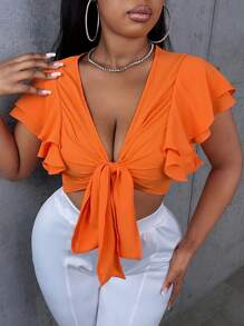 Slaydiva 大碼蝴蝶袖前打結短款上衣 - 橘色 - 查看 4