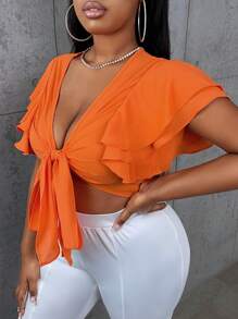 Slaydiva 大碼蝴蝶袖前打結短款上衣 - 橘色 - 查看 6