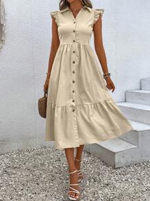SHEIN Unity 1pc Ruffle Trim Button Front Shirt Dress - Khaki - View 3