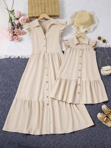 SHEIN Unity 1pc Ruffle Trim Button Front Shirt Dress - Khaki - View 6