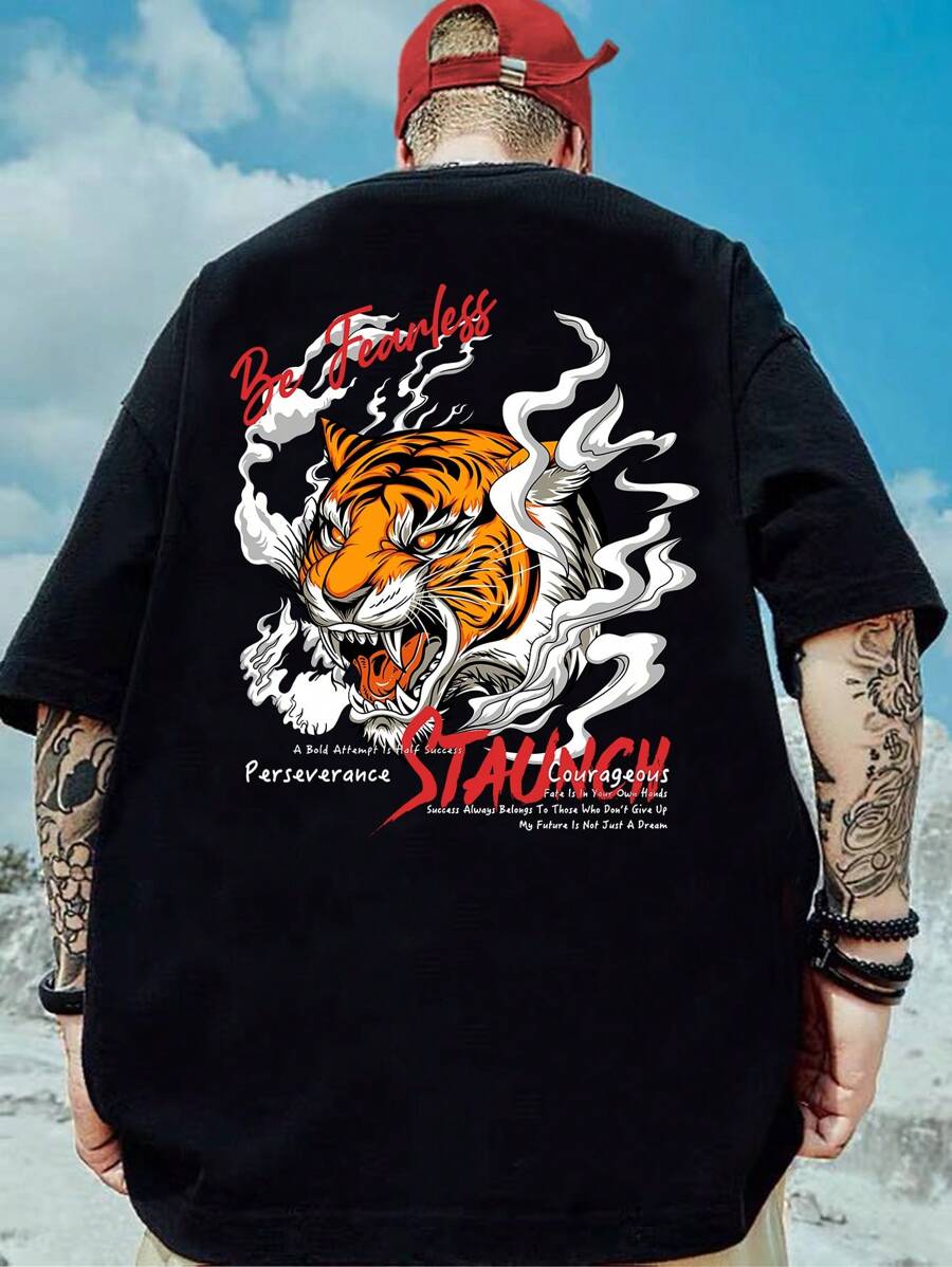 Manfinity VCAY Hombres Camiseta algodón con estampado de slogan y tigre - Negro - Ver 1