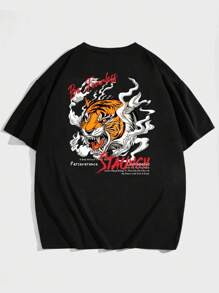 Manfinity VCAY Hombres Camiseta algodón con estampado de slogan y tigre - Negro - Ver 2