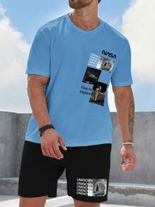 Manfinity Homme Men Plus Astronaut & Letter Graphic Tee & Shorts - Blue - View 3