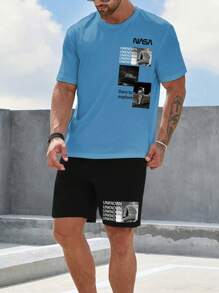 Manfinity Homme Men Plus Astronaut & Letter Graphic Tee & Shorts - Blue - View 4