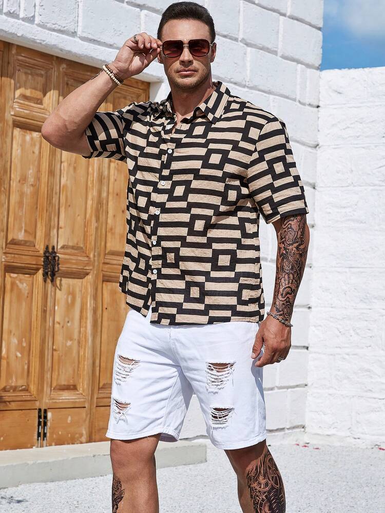 Manfinity Homme Hombres Camisa con estampado geométrico - Café integral - Añade 4