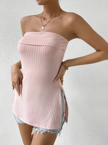 SHEIN Privé Solid Split Hem Tube Top - Baby Pink - View 1