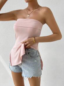 SHEIN Privé Solid Split Hem Tube Top - Baby Pink - View 3