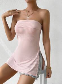 SHEIN Privé Solid Split Hem Tube Top - Baby Pink - View 6