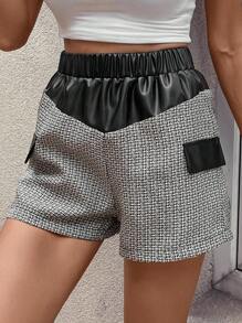 SHEIN LUNE Flap Detail Contrast PU Leather Shorts - Black - View 1