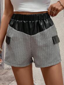 SHEIN LUNE Flap Detail Contrast PU Leather Shorts - Black - View 5