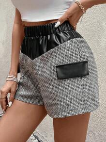 SHEIN LUNE Flap Detail Contrast PU Leather Shorts - Black - View 6