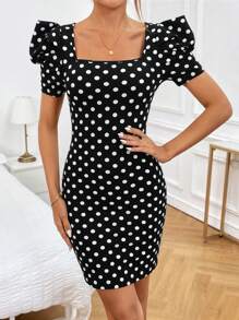 SHEIN Privé 波點圖案方領泡泡袖緊身洋裝 - 黑與白 - 查看 3