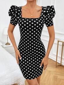 SHEIN Privé 波點圖案方領泡泡袖緊身洋裝 - 黑與白 - 查看 1