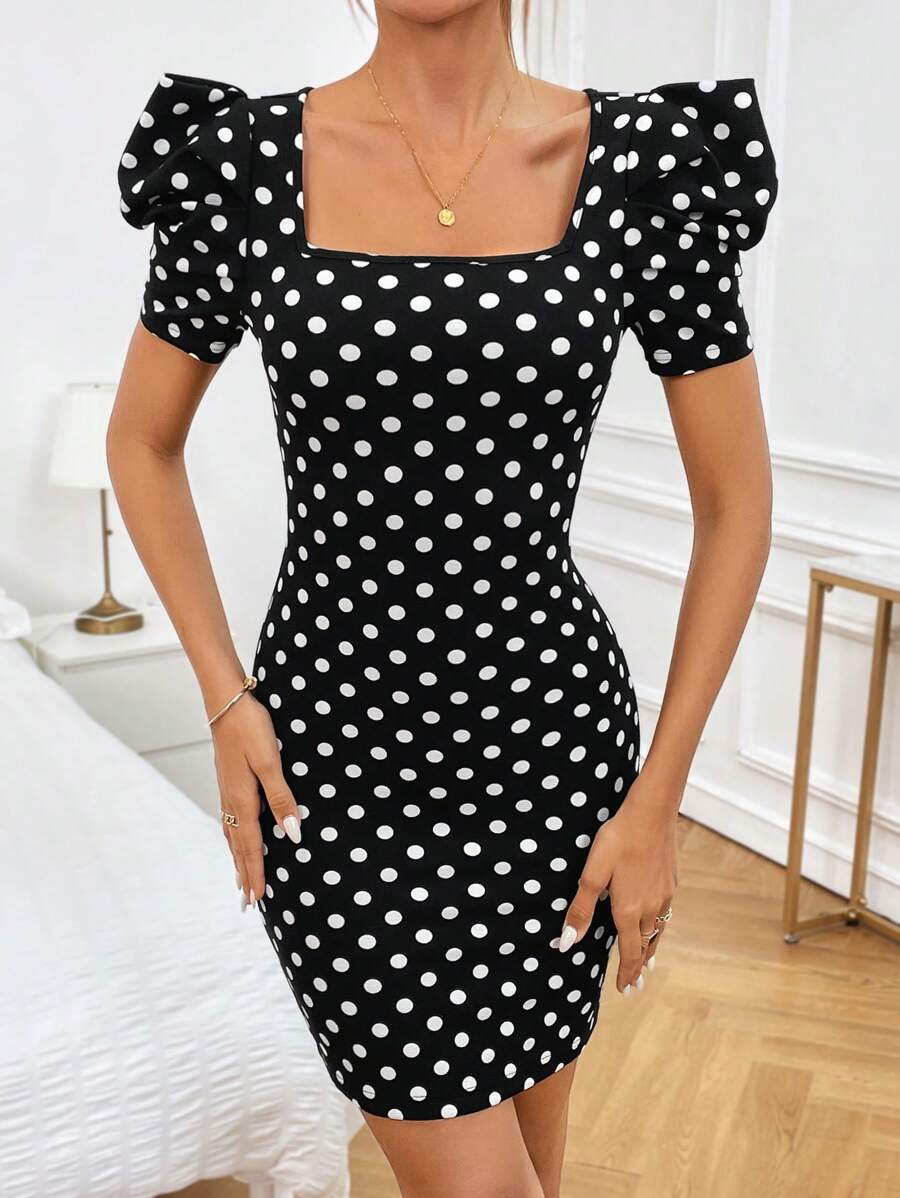 SHEIN Privé 波點圖案方領泡泡袖緊身洋裝 - 黑與白 - 查看 1