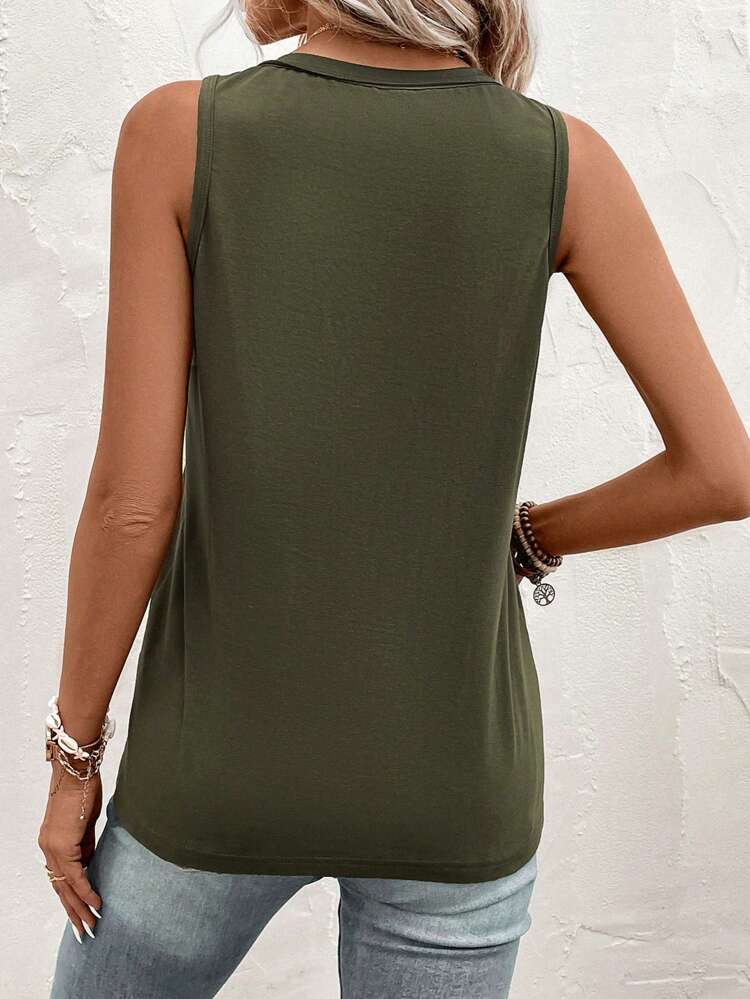 Green Button Down Pocket Women's Tank Top For Summer
