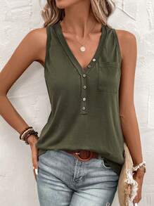 SHEIN LUNE Green Button Down Pocket Women's Tank Top For Summer - Army Green - View 3