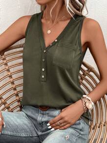 SHEIN LUNE Green Button Down Pocket Women's Tank Top For Summer - Army Green - View 5