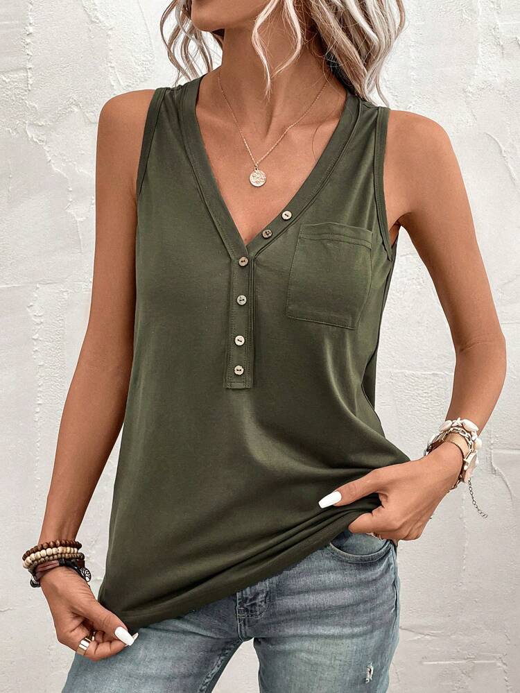 Green Button Down Pocket Women's Tank Top For Summer