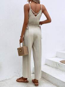 SHEIN LUNE 素色側繫帶吊帶連體褲 - 杏色 - 查看 2