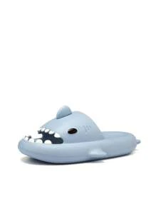 1 par de pantuflas casuales de verano Eva para niños con diseño de tiburón caricatura para uso en el hogar y al aire libre. - Neblina azul - Ver 1