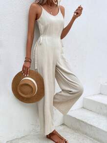 SHEIN LUNE 素色側繫帶吊帶連體褲 - 杏色 - 查看 3