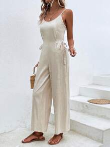 SHEIN LUNE 素色側繫帶吊帶連體褲 - 杏色 - 查看 4