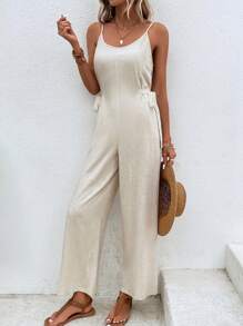 SHEIN LUNE 素色側繫帶吊帶連體褲 - 杏色 - 查看 5