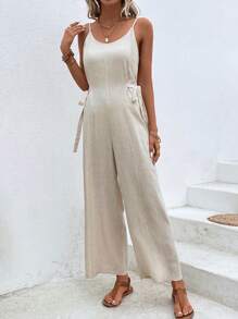 SHEIN LUNE 素色側繫帶吊帶連體褲 - 杏色 - 查看 6