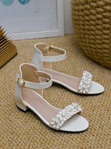 Girls Flower Decor Chunky Heeled Ankle Strap Sandals - Beige - View 1